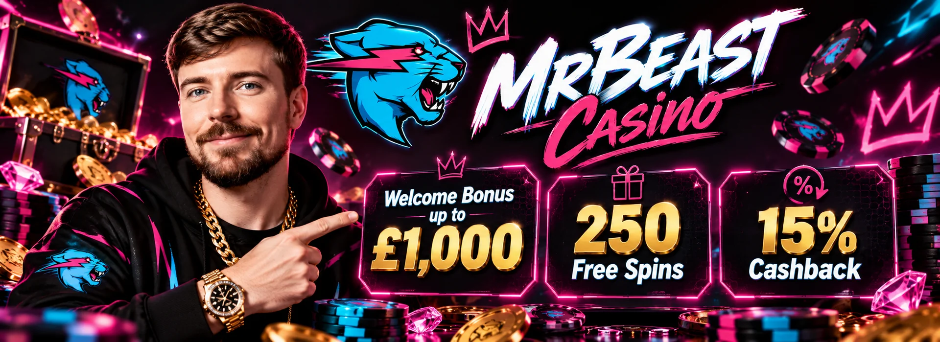 MrBeast Casino welcome bonus banner: 200% up to £1,000 plus 250 free spins